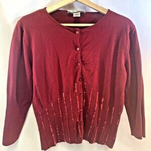 Nine & CO by Nine West Cardigan Women's L Wine Red Silk Blend Sequined Y2K